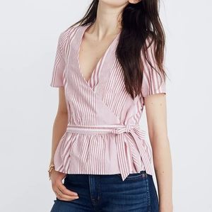 Madewell Ruffle-Hem Bowtie Wrap Top in Stripe Mix